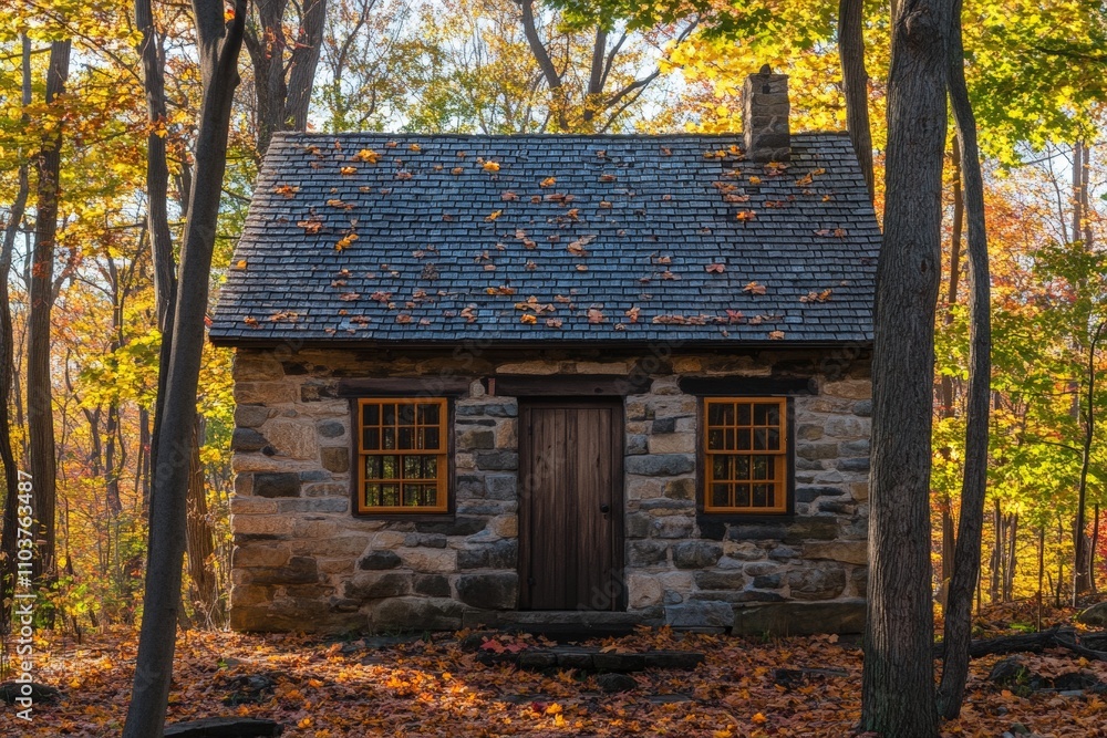 Charming Stone Cabin Surrounded by Autumn Leaves in a Tranquil Forest Setting - Perfect for Nature-Lovers and Cabin Getaway Inspiration Charming Stone Cabin Surrounded by Autumn Leaves in a Tranquil Forest Setting - Perfect for Nature-Lovers and Cabin Getaway Inspiration