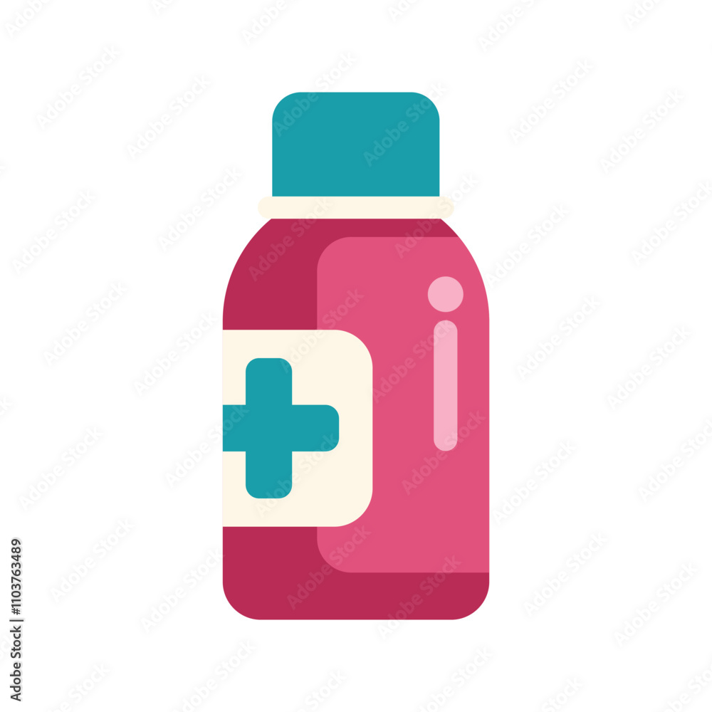 Simple vector illustration of a pink medicine bottle with a blue cross, representing healthcare and medication Simple vector illustration of a pink medicine bottle with a blue cross, representing healthcare and medication
