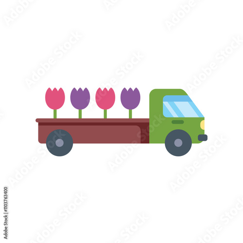 Green pickup truck transporting fresh tulips on an open bed trailer, representing flower delivery or agriculture