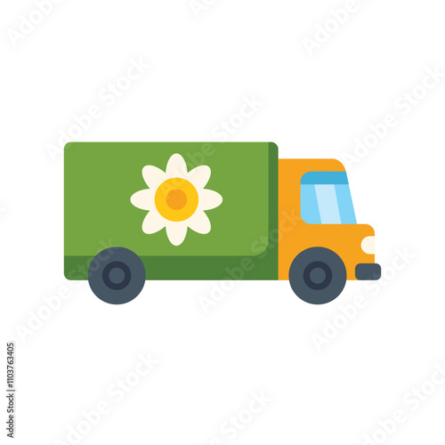Green delivery truck is transporting flowers, representing a sustainable and eco friendly business approach