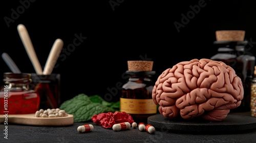 A realistic model of a brain surrounded by herbal supplements and jars, set against a dark background, highlighting themes of health and wellness. photo