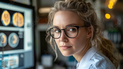 A female futurist explaining the impact of technology on shaping a sustainable future Stock Photo with side copy space photo