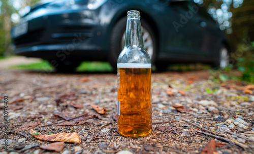 Open bottle of beer in front of a car. Drunk driving concept. photo