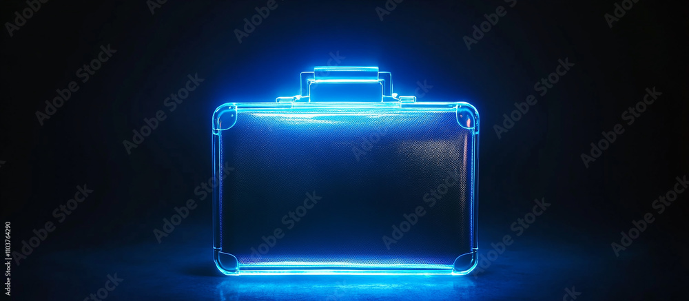 A glowing metallic briefcase stands on the dark background A glowing metallic briefcase stands on the dark background