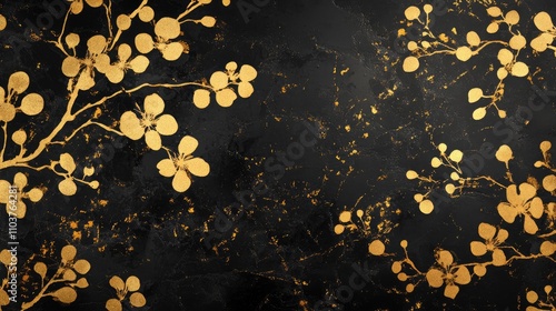 Matte black backdrop adorned with elegant gold foil floral accents, showcasing a luxurious and sophisticated design with shimmering details. photo