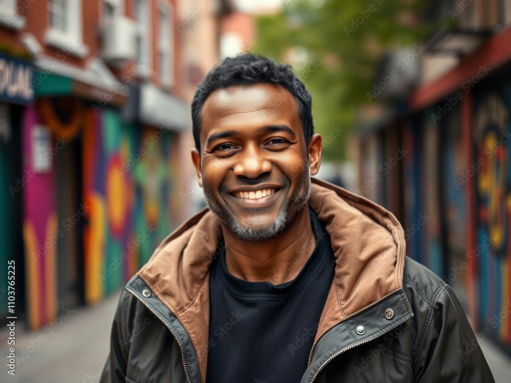 Vibrant urban portrait of smiling middle aged black man in colorful jacket standing confidently outdoors, smiling, outdoors, vibrant Vibrant urban portrait of smiling middle aged black man in colorful jacket standing confidently outdoors, smiling, outdoors, vibrant
