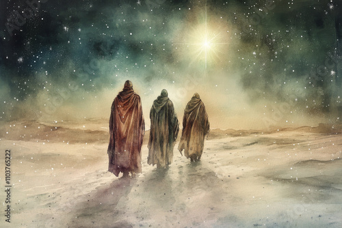 The Three Wise Men journeying across a snowy desert landscape under the bright guiding star, their robes flowing in the wind as they approach the stable. The scene is rendered in soft watercolor tones photo