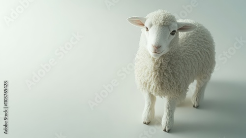 Cute fluffy white sheep standing on a light background, showcasing its soft woolly coat, appealing eyes, and adorable presence, perfect for animal-themed projects.