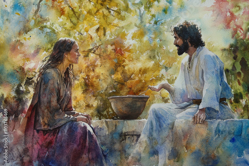 Jesus speaking with a Samaritan woman, offering living water. The watercolor uses earth tones, soft blues, and muted reds to create an image of peace, divine revelation, and grace.