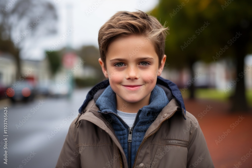 Portrait of a smiling little boy in a brown jacket on the street Portrait of a smiling little boy in a brown jacket on the street