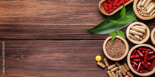 Medicine chinese treatment concept. A variety of herbal supplements and capsules arranged in wooden bowls on a rustic wooden surface, highlighting natural health products.