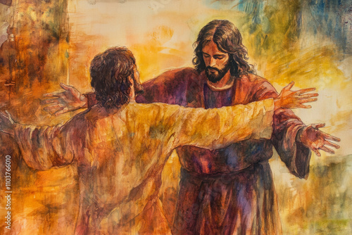 A vibrant watercolor of Jesus opening his arms to welcome a prodigal son. Warm golds, earthy browns, and soft light highlight the theme of forgiveness and love.