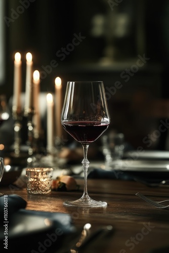 Elegant red wine glass, candlelit table setting.