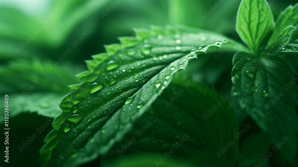 Close up of fresh mint leaves with water droplets. Concept of nature, freshness, and healthy herbs. Close up of fresh mint leaves with water droplets. Concept of nature, freshness, and healthy herbs.