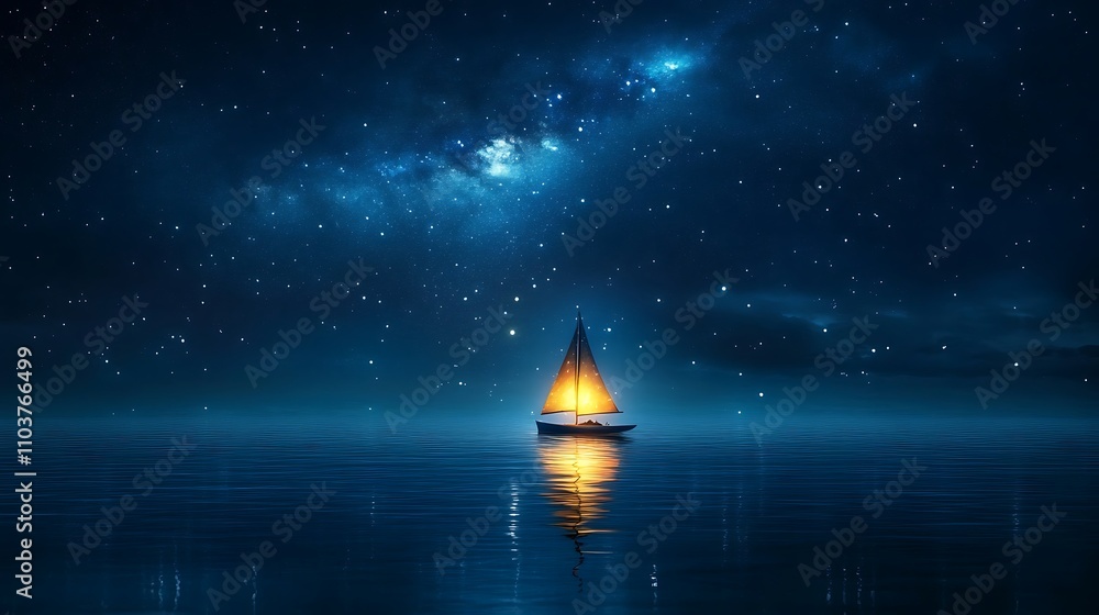 A glowing sailboat floating alone under a vast, starry night sky, reflecting on the calm ocean A glowing sailboat floating alone under a vast, starry night sky, reflecting on the calm ocean