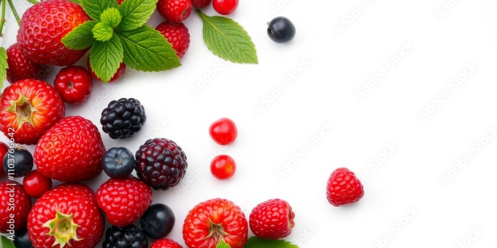 White card with red border surrounded by fresh red berries, decoration, fruit, berries White card with red border surrounded by fresh red berries, decoration, fruit, berries