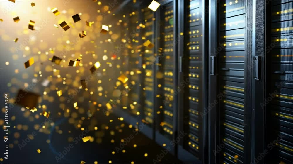 Vibrant Scene of Golden Confetti in Modern Data Center Celebrating Technology, Dynamic Servers, and Innovative Storage Solutions in Digital Network Environment Vibrant Scene of Golden Confetti in Modern Data Center Celebrating Technology, Dynamic Servers, and Innovative Storage Solutions in Digital Network Environment