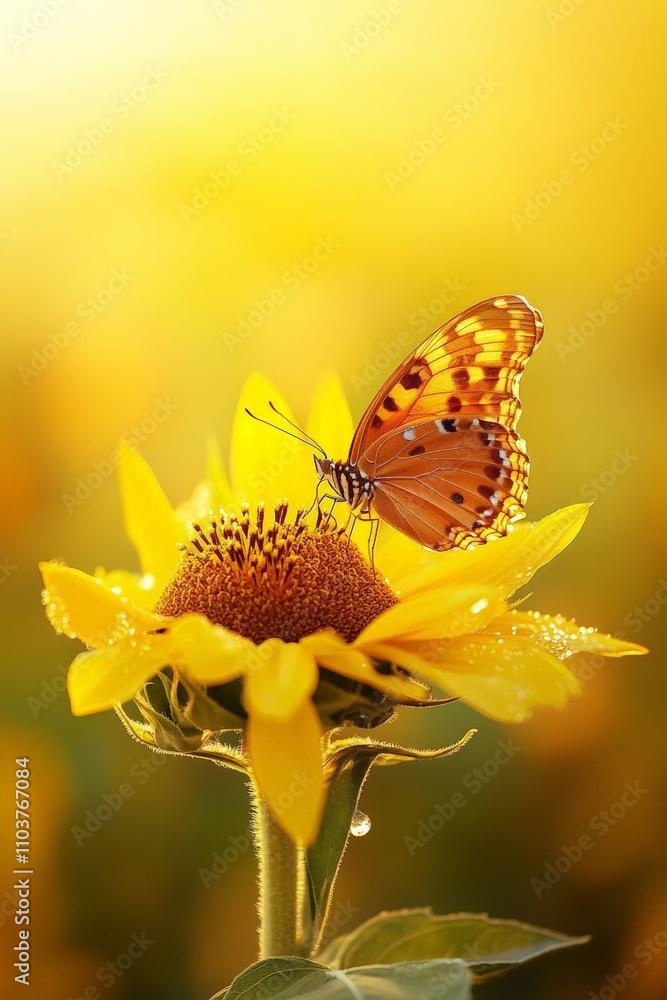 Obraz premium Beautiful Butterfly on Bright Sunflower in Golden Light â€“ Nature Close-Up with Vibrant Colors, Perfect for Spring or Summer Themes