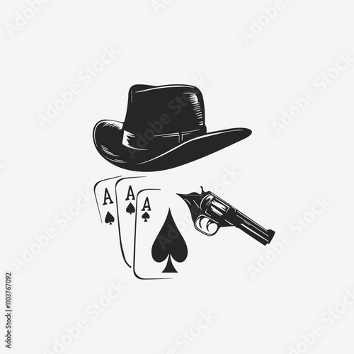 Retro gangster concept with cards, gun, and fedora hat.