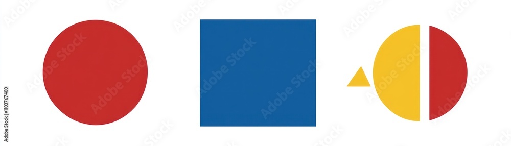 A composition of geometric shapes in red, blue, yellow, and a mix of circular and square forms. A composition of geometric shapes in red, blue, yellow, and a mix of circular and square forms.