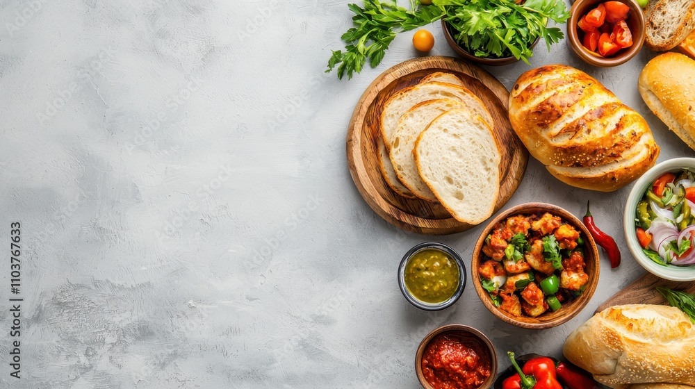 Freshly Baked Bread and Variety of Colorful Ingredients on Table Indian food cuisine Freshly Baked Bread and Variety of Colorful Ingredients on Table Indian food cuisine