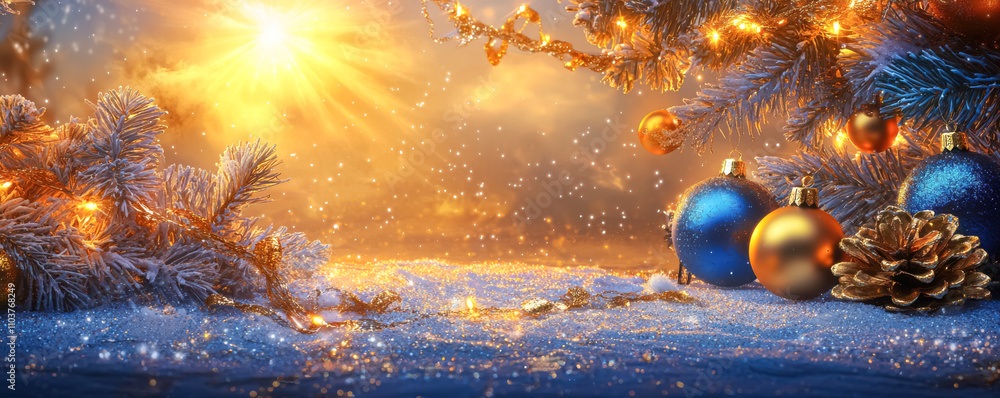 Festive Scene with Sparkling Ornaments and Snow. A vibrant holiday composition featuring glittering blue and gold baubles and frosted branches, illuminated by a warm glow.
Festive Scene with Sparkling Ornaments and Snow. A vibrant holiday composition featuring glittering blue and gold baubles and frosted branches, illuminated by a warm glow.