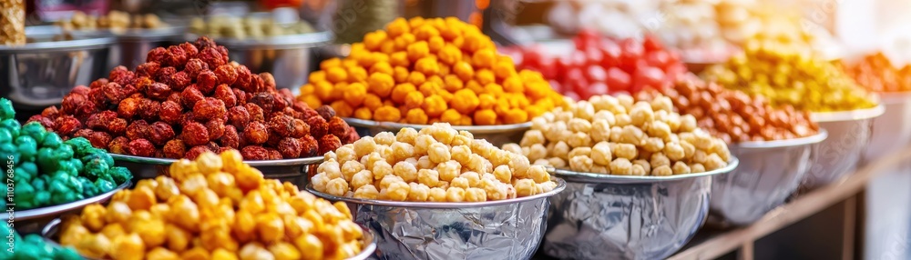 Vibrant Display of Colorful Indian Snacks at Street Food Stall Indian food cuisine Vibrant Display of Colorful Indian Snacks at Street Food Stall Indian food cuisine
