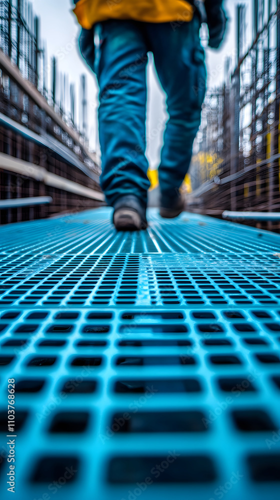 A person walking on a blue grid surface in a construction environment. A person walking on a blue grid surface in a construction environment.