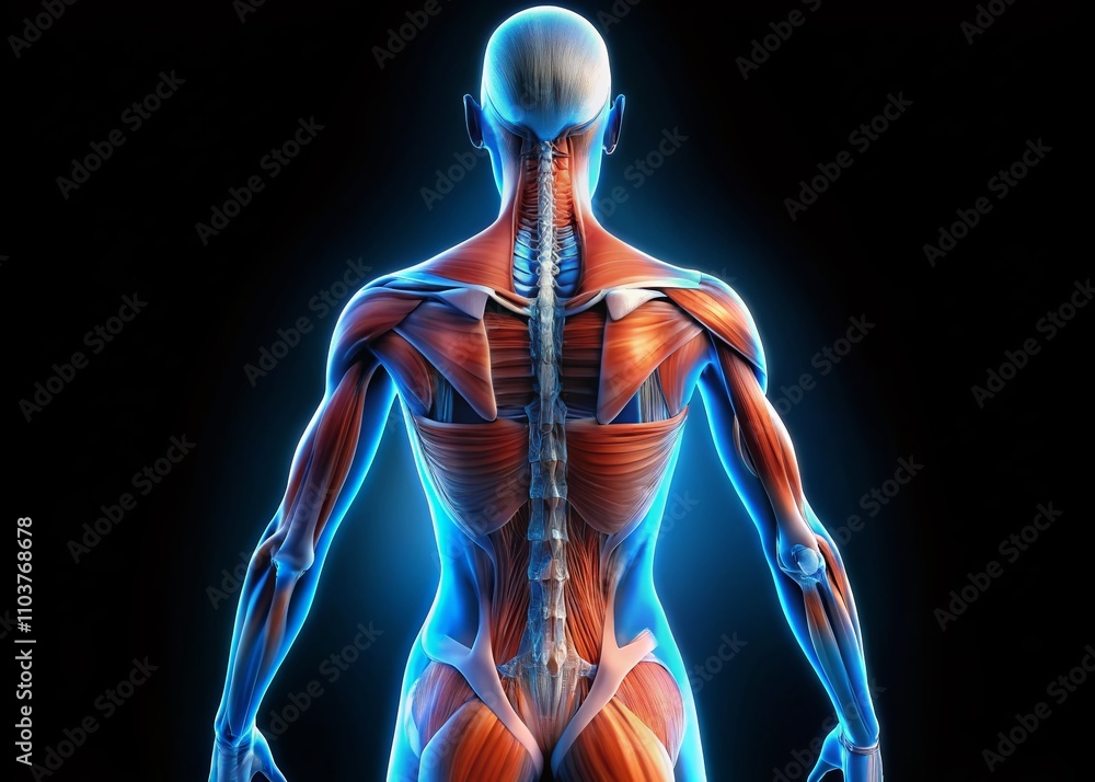 Rear View of Female Back Muscles Anatomy in Blue X-Ray Outline, Full Color 3D Illustration on Black Background for Educational and Medical Purposes Rear View of Female Back Muscles Anatomy in Blue X-Ray Outline, Full Color 3D Illustration on Black Background for Educational and Medical Purposes