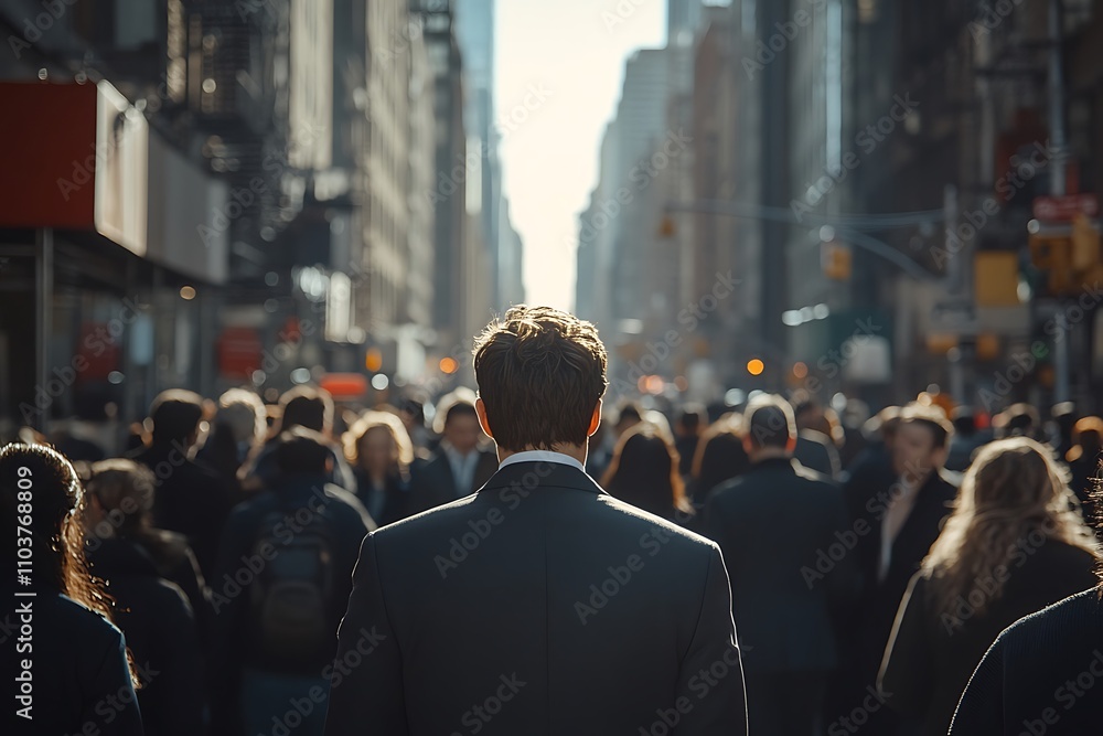 Anonymous Man Walking Alone in Sunlit City Street Anonymous Man Walking Alone in Sunlit City Street