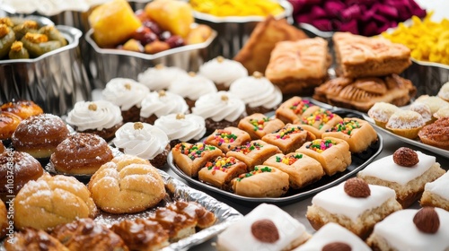 Assorted Fresh Baked Pastries and Colorful Desserts on Display Indian food cuisine