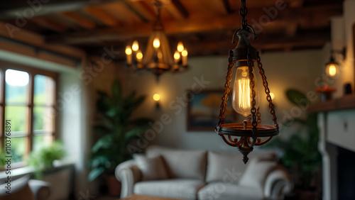 Vintage Chandelier in Rustic Living Room