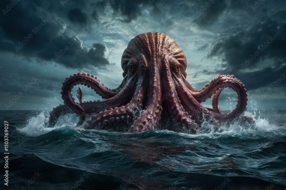 A scary giant kraken rising from dark waters with cloudy sky A scary giant kraken rising from dark waters with cloudy sky