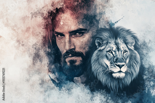 A striking digital illustration of Jesus Christ, the Lion of Judah, with a majestic lion next to Him. The manâ€™s face is strong and compassionate, while the lion symbolizes His kingship and triumph.