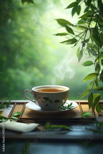 Steaming teacup, bamboo mat, green leaves.