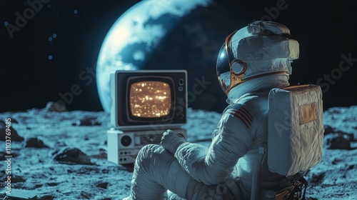 Astronaut Sitting on Moon's Surface with Vintage Television and Earth in Background
