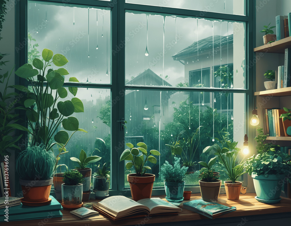 lofi anime-style cozy study desk with a rainy day view and chill vibes lofi anime-style cozy study desk with a rainy day view and chill vibes