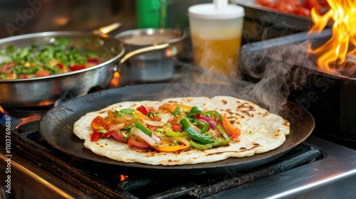 Freshly Cooked Flatbread with Colorful Peppers on Hot Griddle Indian food cuisine