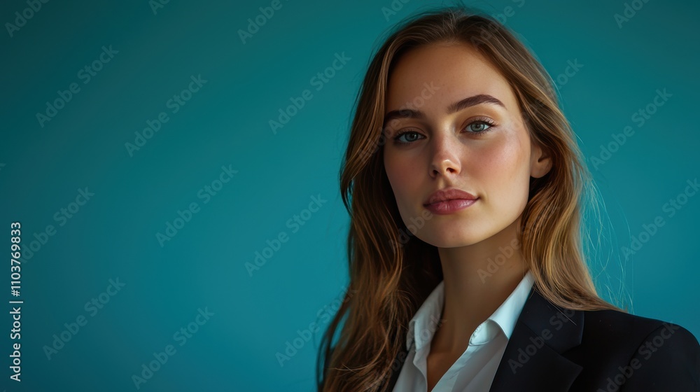 Confident Young Woman in Business Attire Against Blue Background Confident Young Woman in Business Attire Against Blue Background