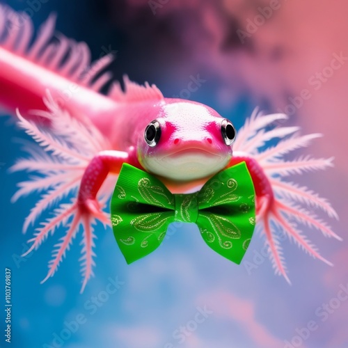 A cute pink axolotl wearing a bright green bow tie against a bold blue pink background. Uniqueness, charm, and creativity concep photo