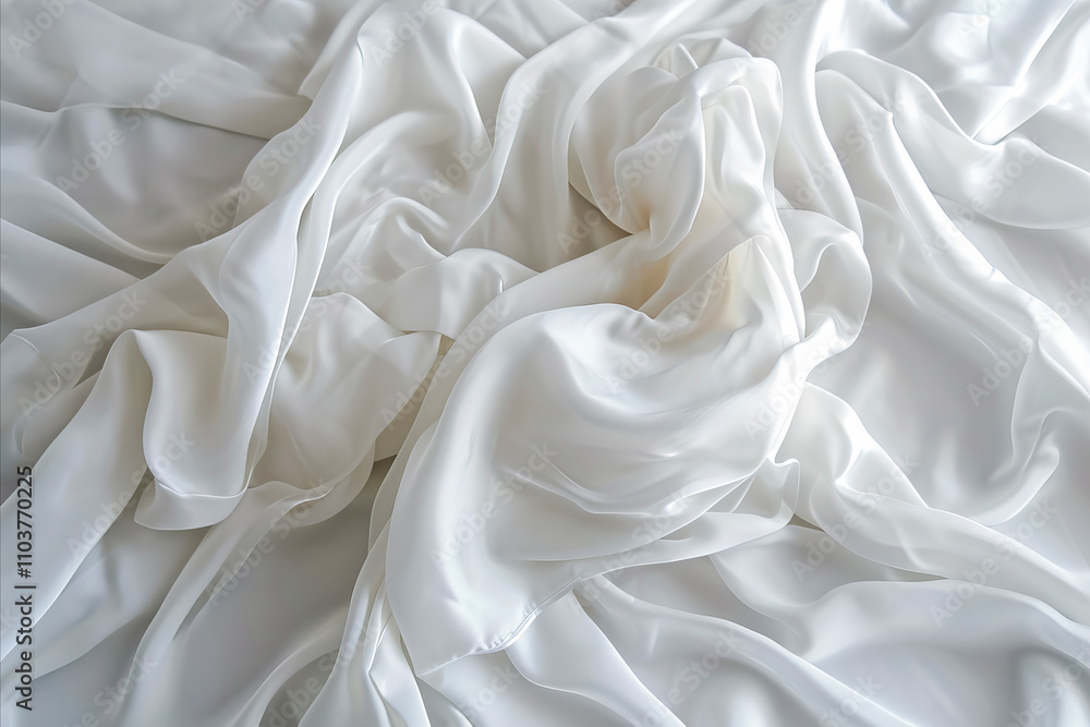 Abstract composition of flowing white silk fabric, creating soft folds and textures in a minimal and elegant design Abstract composition of flowing white silk fabric, creating soft folds and textures in a minimal and elegant design