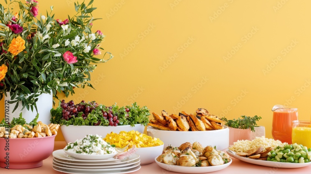 Colorful Spread of Fresh Food with Flowers on a Bright Background Indian food cuisine Colorful Spread of Fresh Food with Flowers on a Bright Background Indian food cuisine