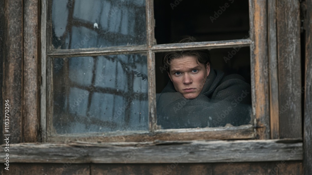 Young Man Peering Through Old Wooden Window Young Man Peering Through Old Wooden Window