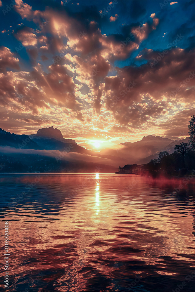 Stunning sunrise over a serene mountain lake with vibrant colors reflecting on calm waters and dramatic clouds. Stunning sunrise over a serene mountain lake with vibrant colors reflecting on calm waters and dramatic clouds.