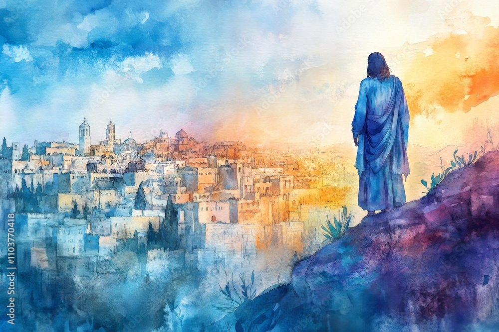 Fototapeta premium Jesus standing on a hill, overlooking the city of Jerusalem, with a tear in his eye. The watercolor uses soft shades of blue, purple, and orange to reflect sorrow, love, and divine compassion.