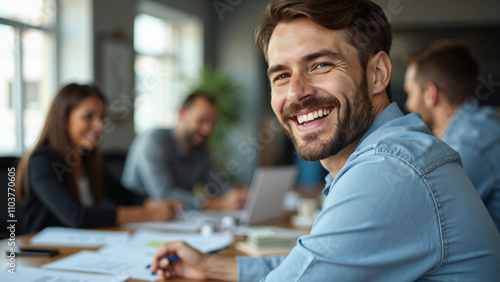 Excited businessman smiling at office meeting with colleagues: Perfect for corporate teamwork, leadership, and workplace success imagery