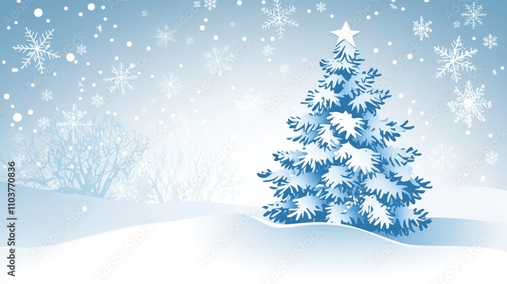 Winter scene with a snow-covered Christmas tree amidst falling snowflakes and frosted branches, ideal for festive cards and seasonal designs. Winter scene with a snow-covered Christmas tree amidst falling snowflakes and frosted branches, ideal for festive cards and seasonal designs.