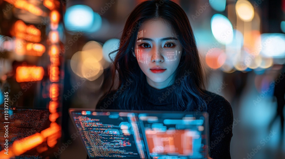 Obraz premium A woman coding on a sleek laptop with holographic projections of data floating nearby Stock Photo with side copy space