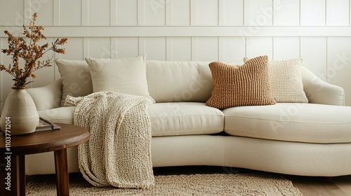 Cureved sofas and armchair. Cozy oversized curved sofa with decorative pillows and throw blanket photo