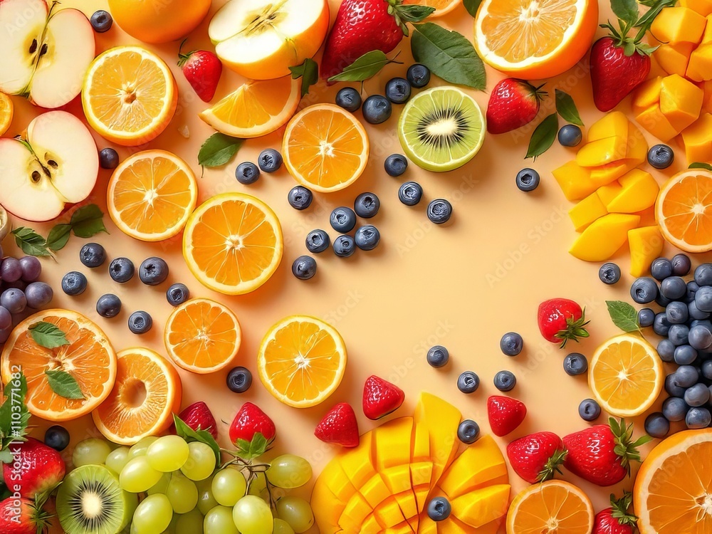 A vibrant panorama of assorted fruits, perfectly presented. A vibrant panorama of assorted fruits, perfectly presented.